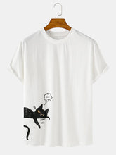 画像をギャラリービューアに読み込む, コットン漫画猫プリントコットンクルーネックベーシック半袖Tシャツ