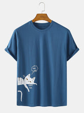 画像をギャラリービューアに読み込む, コットン漫画猫プリントコットンクルーネックベーシック半袖Tシャツ