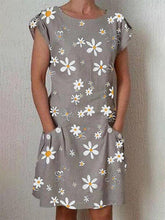 画像をギャラリービューアに読み込む, フラワープリント半袖膝丈ポケットカジュアルドレス
