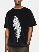 画像をギャラリービューアに読み込む, メンズフェザープリントコットン通気性ラウンドネックカジュアル半袖Tシャツ