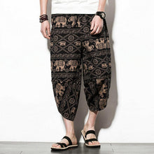 画像をギャラリービューアに読み込む, メンズエスニックスタイルプリントふくらはぎ長さだぶだぶルーズドローストリング通気性コットンカジュアルパンツ