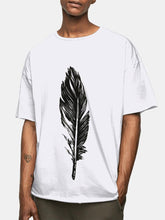 画像をギャラリービューアに読み込む, メンズフェザープリントコットン通気性ラウンドネックカジュアル半袖Tシャツ