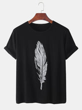 画像をギャラリービューアに読み込む, メンズフェザープリントコットン通気性ラウンドネックカジュアル半袖Tシャツ
