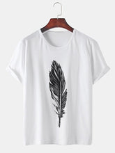 画像をギャラリービューアに読み込む, メンズフェザープリントコットン通気性ラウンドネックカジュアル半袖Tシャツ