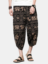 画像をギャラリービューアに読み込む, メンズエスニックスタイルプリントふくらはぎ長さだぶだぶルーズドローストリング通気性コットンカジュアルパンツ
