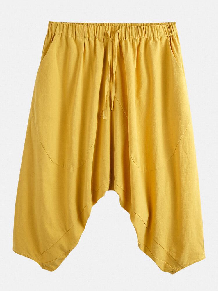 メンズカジュアルフォールドカラー100％コットンドローストリングルーズフィットカーフ丈パンツ