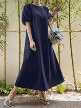 画像をギャラリービューアに読み込む, ソリッドカラーOネックパフスリーブプレーンカジュアルサイドポケットホリデーマキシドレス
