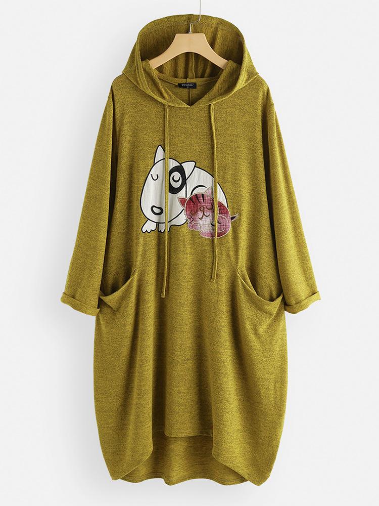 カジュアルな漫画プリント犬ポケット長袖フード付きドレス