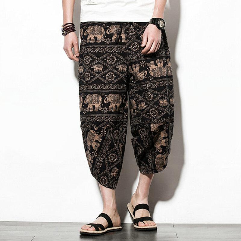 メンズエスニックスタイルプリントふくらはぎ長さだぶだぶルーズドローストリング通気性コットンカジュアルパンツ
