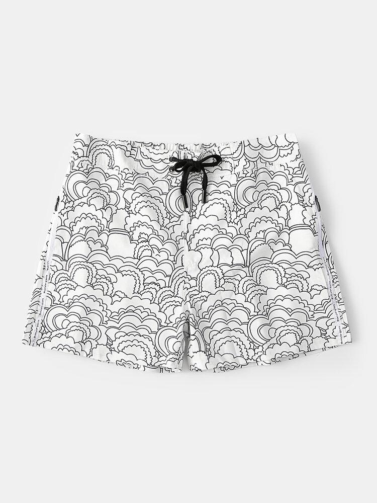 ブラック＆ホワイトグラフィティプリントメッシュライニングビーチショーツジッパーポケット付き軽量ショーツ