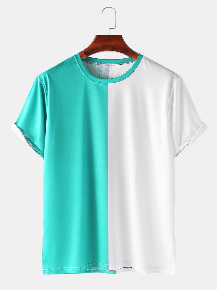 メンズカラーブロックブレスアブル＆シンカジュアルラウンドネックTシャツ
