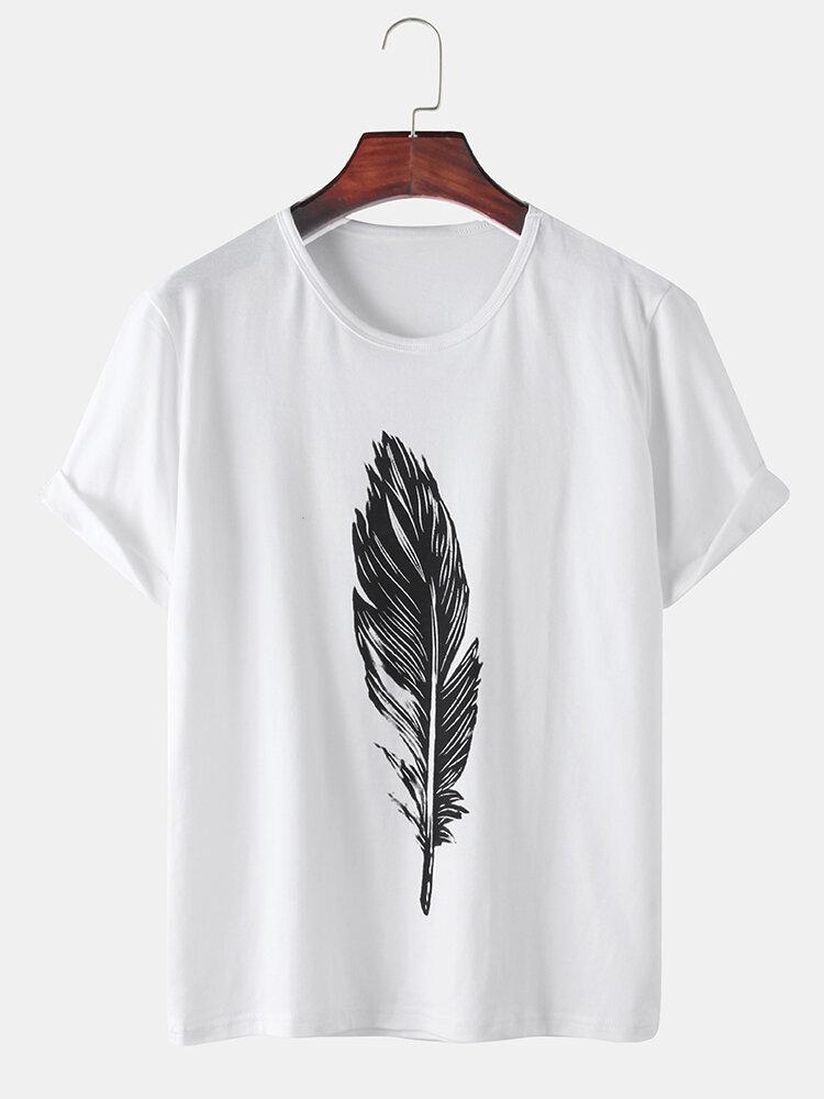 メンズフェザープリントコットン通気性ラウンドネックカジュアル半袖Tシャツ